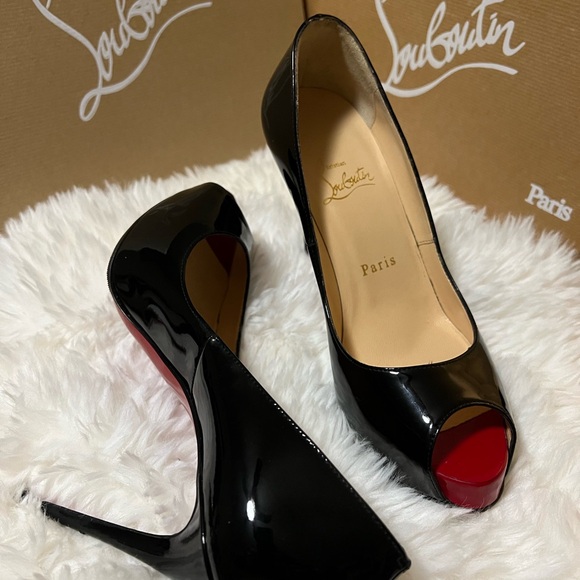 Pre loved Christian Louboutin Black and Red Peep Toe Heels